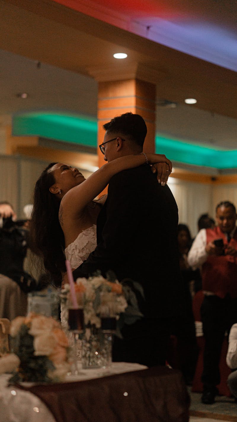 Bride and groom dancing at elegant wedding reception