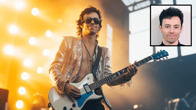 Man's photo in upper right corner transforms into AI video of him playing guitar on stage