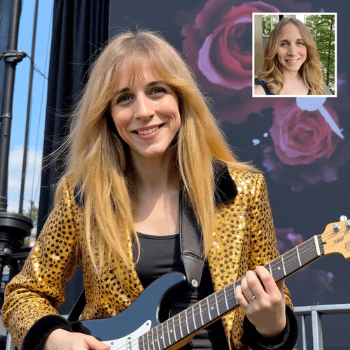 Blonde woman's photo in upper right corner transforms into AI video of her playing guitar on stage