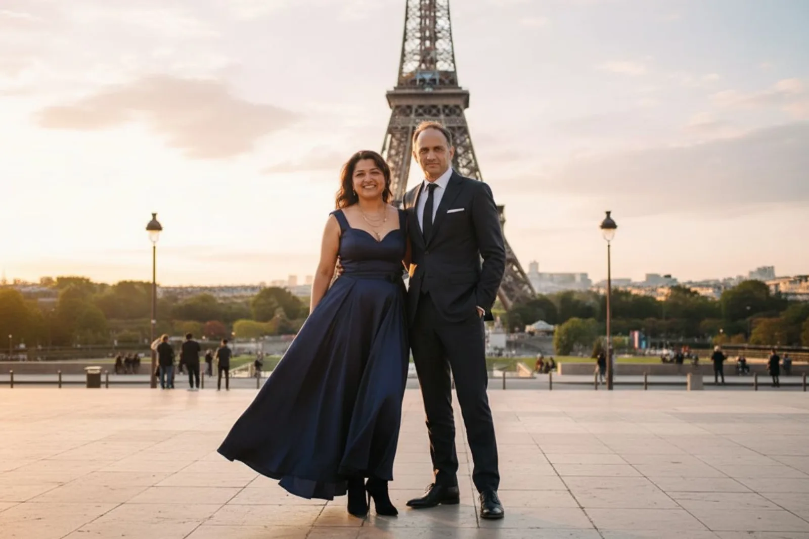 Green Screen — couple transported to Paris Eiffel Tower