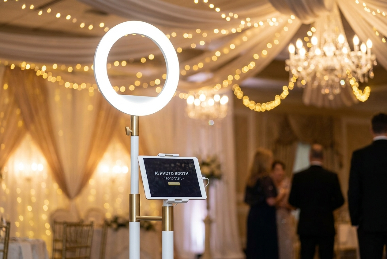Spark Booth AI — ring light, iPad stand, at a wedding reception